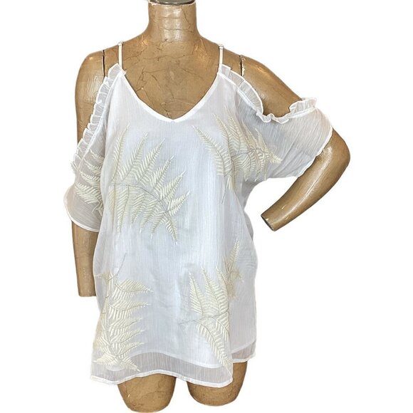 Gimmicks BKE White Chiffon Embroidered Open Shoulder Tie Back Top L 103N - Picture 1 of 9